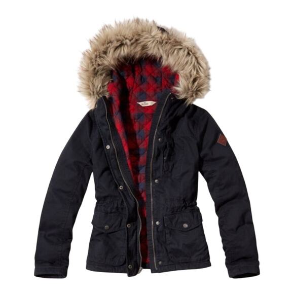 NOT AVAILABLE Womens Medium navy blue hooded parka-style jacket lined red plaid - Picture 1 of 10